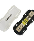 Open Inline Mini ANL Fuse Holder For 4 to 8 Gauge Wire, showing the waterproof case and 100A fuse, designed for car audio amplifiers.