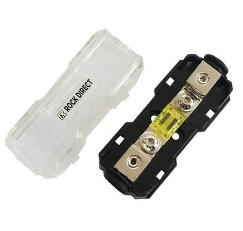 Open Inline Mini ANL Fuse Holder For 4 to 8 Gauge Wire, showing the waterproof case and 100A fuse, designed for car audio amplifiers.