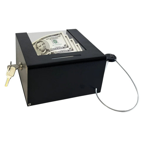 Heavy Duty Steel Countertop Tip Box With Combo Cable Lock Secure Cash Collection Jar For Restaurants And Shops Keep That Dough Safe view with cash inside