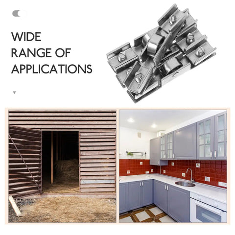Tough As Nails Sliding Door Rollers Set Of Eight Premium Steel Pulley Wheels For Silky Smooth Glass And Closet Door Glide No Hassle Caster Hardware shown with applications in a barn and kitchen.