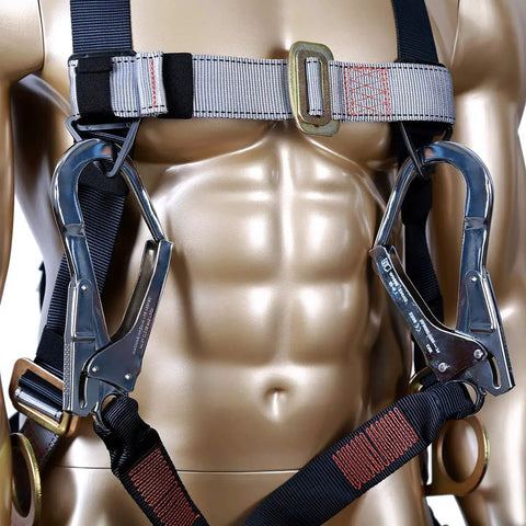 Close-up of Beefy Fall Protection Harness Kit With Three D Rings For Lanyard Multi Purpose Full Body Harness on mannequin
