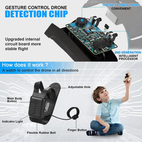 Gesture Control Drone For Kids Hand Sensor RC Quadcopter With Smart Watch Control, boy using watch for drone operation