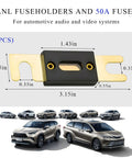 Heavy Duty ANL Fuse Holder With 50 Amp Inline Fuse Block For Car Audio Amplifier two-piece kit with dimensions labeled.