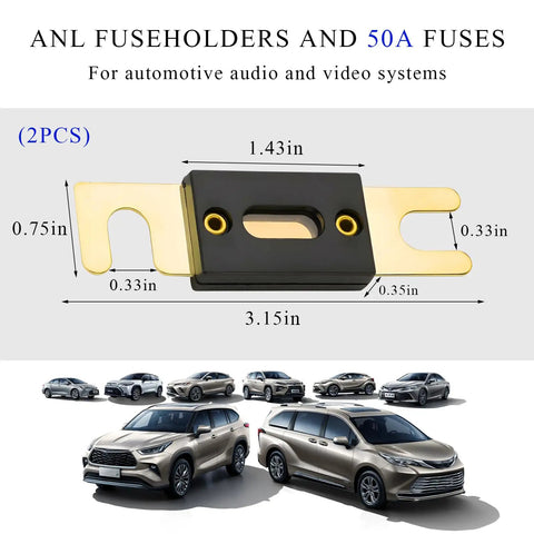 Heavy Duty ANL Fuse Holder With 50 Amp Inline Fuse Block For Car Audio Amplifier two-piece kit with dimensions labeled.