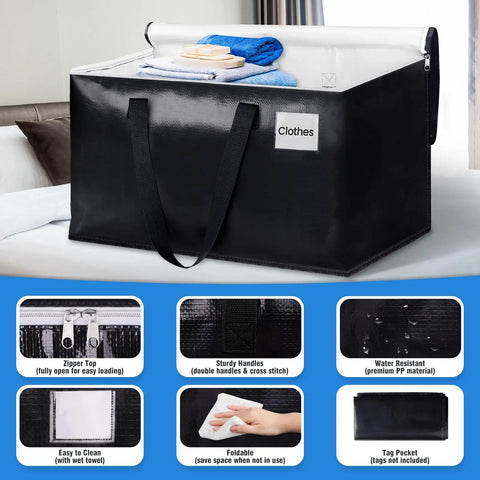 Collapsible Moving Bags 93L 6-Pack Heavy-Duty Packing Totes With Zippers And Handles, black bag on bed, showing features