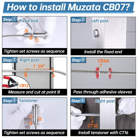 Installation steps for Completely Hidden One Eighth Inch Cable Railing Kit with Swageless Tensioners and Round Head Terminals.