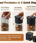 Mason Jar Vacuum Sealer Kit, 20s Fast Seal, sealing process showing step-by-step instructions above a jar of nuts.