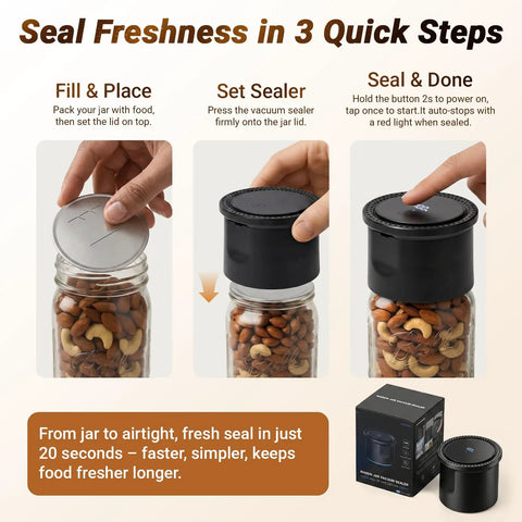 Mason Jar Vacuum Sealer Kit, 20s Fast Seal, sealing process showing step-by-step instructions above a jar of nuts.