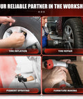Boss Level Portable 8 Gallon Steel Air Compressor With 1.5 Hp And 2.85 Cfm At 116 Psi shown in workshop for tire inflation, repair, pigment spraying, and furniture making.