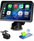 9 Inch Wireless CarPlay Screen For Cars With Apple CarPlay And Android Auto Receiver shown with backup camera and smartphone