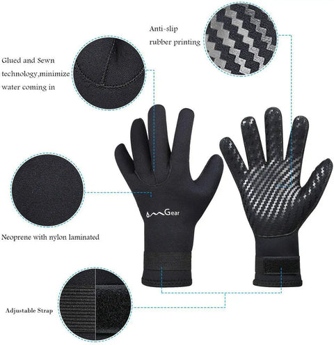 Black XL Water Sports Neoprene Gloves 3mm With 4 Way Stretch And Adjustable Strap showing anti-slip palm and glued seams.