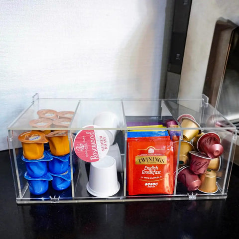 Clear Acrylic 4 Compartment Coffee Capsule Holder With Lid K Cup Organizer For Pods Large Capacity Coffee Bar Storage Box on counter