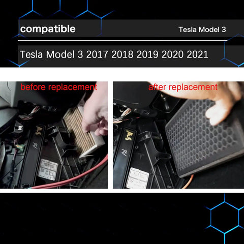 Before and after images showing Top Tier 2 Pack Activated Carbon Cabin Air Filter Replacement For Tesla Model 3 and Model Y installation.