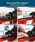 Instructions for loading staples in Tapetool Garden Plant Tying Gun With Twelve Tape Rolls Staples And Replacement Blade.