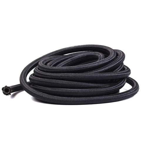 12AN 10Ft Universal Braided Stainless Steel Fuel Line Kit With Nylon CPE Hose And 6 Rotary Swivel Ends, coiled on white background