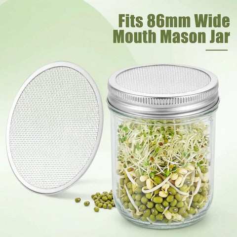 6 Pack Killer Sprouting Lids 304 Stainless Steel Fine Mesh Strainer Fits Wide Mouth Mason Jars with sprouts in jar.