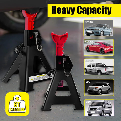 YATOINTO 6-ton jack stands, adjustable 15.6–23.4 in, double-pin lock, black with red handles and rubber pads; pair.