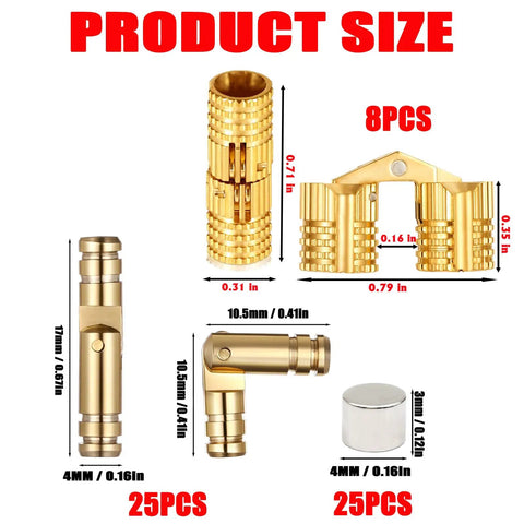Hidden Cylinder Hinges Set With Magnets, 60 Piece Kit For Jewelry Boxes And DIY Woodworking, size details shown
