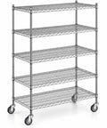 Heavy Duty Rolling Wire Shelving Rack Starter Kit featuring five adjustable shelves and smooth gliding caster wheels for garage storage.