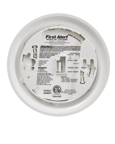 Back view of Carbon Monoxide Detector With Hardwired Alarm And Battery Backup, Electrochemical Sensor, Model CO5120BN White