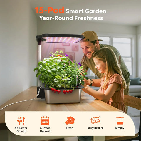 Indoor Hydroponics Growing System Kit With 15 Pods in use with LED grow light, app control, and stainless steel tank for home gardening.