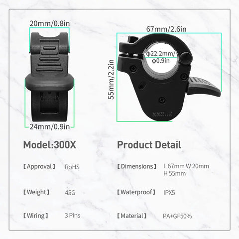 300X Thumb Throttle Waterproof 3PIN Female Plug For E-Bike Handlebar Mount, Works With 12V To 72V BBS01 BBS02 Mid-Drive Motors, Easy On-Bar Installation, Fits 24V To 72V Systems