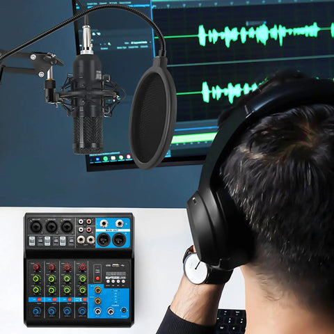 Person using headphones and microphone with 5 Channel Audio Mixer With Bluetooth USB MP3 Stereo 48V Phantom Power Pro DJ Mixing Console