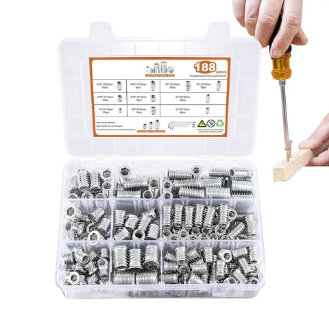 Durable Wood Threaded Inserts With Hex Socket Bolts And T Bar Wrench Slick Flanged Body Fo Sho Set of 188 metal inserts and bolts in clear organizer.