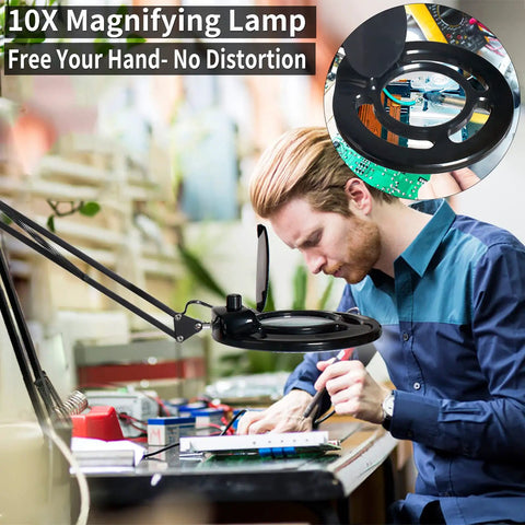Man using 12X Magnifying Glass With Light LED Lamp Clamp On Arm for close up electronics work and DIY hobby repairs.