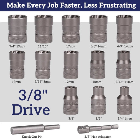 20 Piece Bolt Extractor Kit for Impact Sockets Nut and Bolt Remover Set Clears Stripped Damaged Frozen Rusted or Rounded Off Bolts Nuts and Screws Easy Access in Tight Spaces Heavy Duty No Fuss Removal showing 3/8 inch drive sizes and adapter