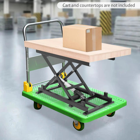 Heavy Duty 350lb Electric Scissor Lift Table With Adjustable Hydraulic Platform for Raising Heavy Loads with box on top.