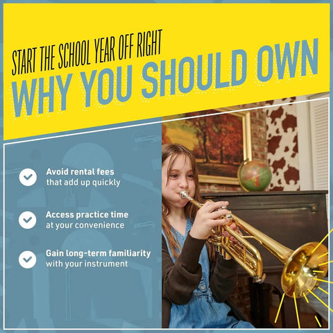 Bb Standard Trumpet Starter Kit In Gold For Beginners With Smooth Valves, Durable Lacquer Finish, Easy To Play Design, And Eye Catching Shine For Practice, School Band Or Band Camp; child playing gold trumpet