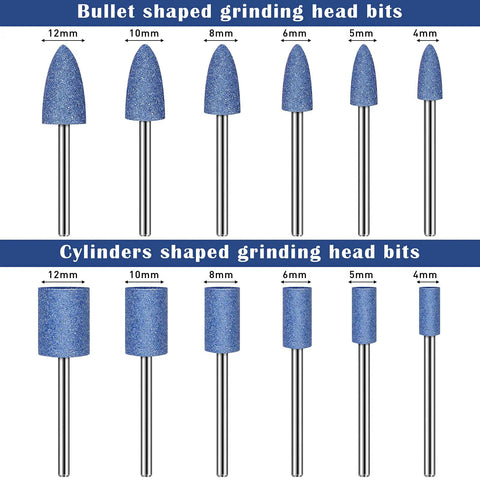 "36 Piece Shank Mounted Abrasive Stone Grinding Points Set For Rotary Tools One Eighth Inch Shank In Three Colors Two Shapes Six Sizes With Plastic Box Go To Finishing Kit" image showing bullet and cylinder shaped bits.