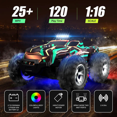 All Terrain Remote Control Car For Kids 1 To 16 Scale High Speed 25 Km Per Hour RC Truck With Colorful LED Lights On Road