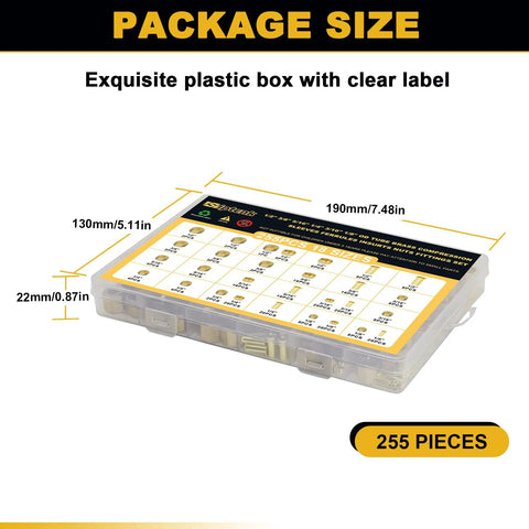 Siptenk brass compression fittings kit in a clear plastic case; 255 pieces for tube sizes 1/8 to 1/2 in.