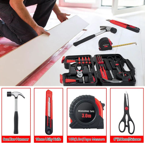 58 Piece Home DIY Tool Set With Durable Plastic Toolbox Case Grab And Go Starter Kit For Home Garage Office And Dorm, All Purpose Hand Tools For Quick Fixes And Projects In Red displayed with open toolbox showing various hand tools.