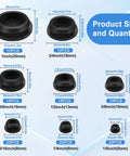 Size chart of 125 Piece Black Silicone Rubber Plugs Set For Round Holes In Furniture And Car Panels Eight Sizes From One Inch To Five Sixteenths Inch