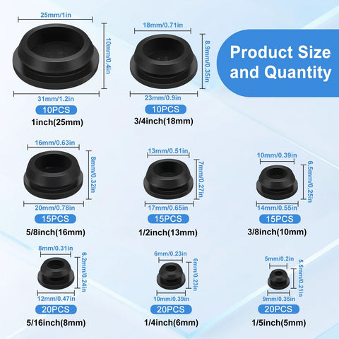 Size chart of 125 Piece Black Silicone Rubber Plugs Set For Round Holes In Furniture And Car Panels Eight Sizes From One Inch To Five Sixteenths Inch