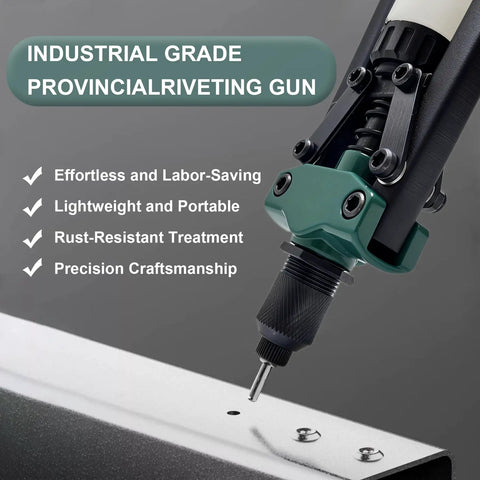 Billion Gold Heavy Duty Double Handle Rivet Gun With Spring Loaded Fast Release Mechanism in action on metal surface.