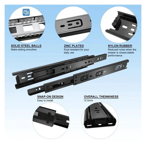 Side Mount Ball Bearing Drawer Slides For Full Extension 1 Pair Smooth Silent Glide Easy Snap On Mount Fits 10 To 22 Inch Drawers 20 Inch Length 500mm Option Durable Heavy Duty Metal, featuring zinc plating and nylon rubber parts.