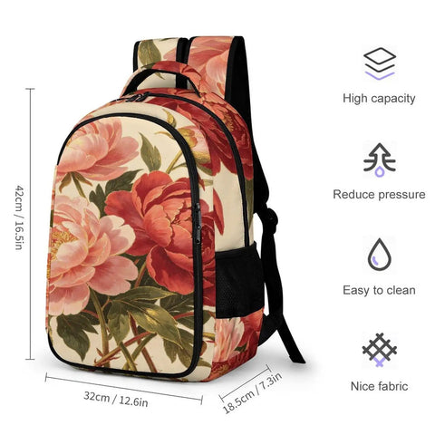 Vintage Peony Botanical Printed Backpack For Everyday Use Unisex Large Capacity Daypack With Durable Polyester Fabric