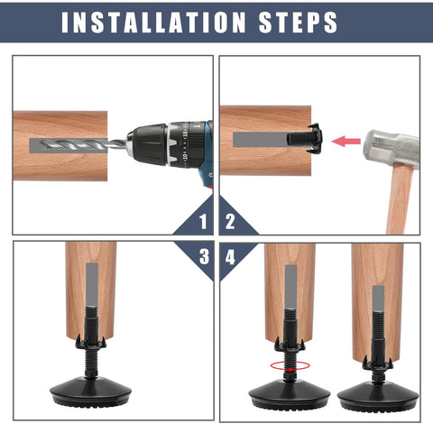 4 Piece M8 Adjustable Furniture Levelers With Swivel Feet For Tables Sofas Cabinets And Workbenches Heavy Duty Black Includes T Nuts And Wrench For Easy Leveling On Uneven Floors Built To Last And Keeps Your Furniture Stable