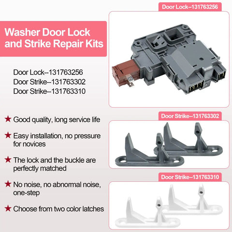 DIY Friendly Front Load Washer Door Latch Lock Replacement Assembly For Frigidaire Affinity And Kenmore Washers 131763256 131763202 131763310 GLTF2940FS1 FAFW4011LW0 with latch and strike components shown separately and labeled.