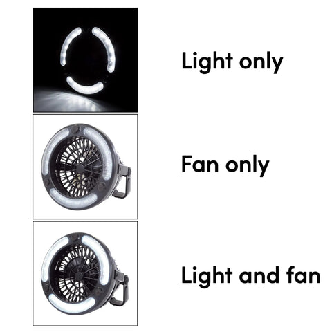 Two Person Dome Tent And Hanging LED Lantern Fan Camping Gear Set showing light only, fan only, and light and fan modes