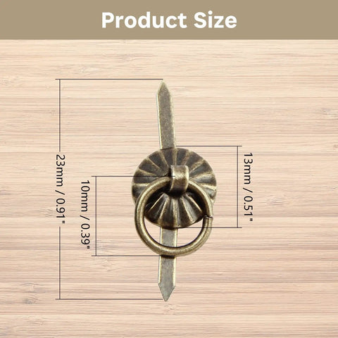 Mini Pull Ring Metal Brad Fasteners Set In Old School Bronze shown with measurements 10mm and 13mm for DIY projects