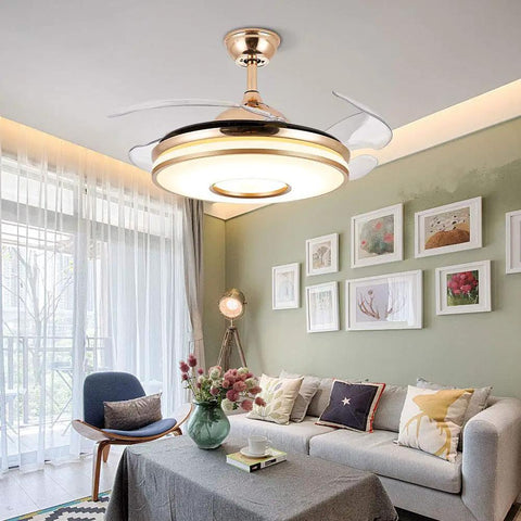 Retractable Gold Ceiling Fan With Light And Invisible Blades, 42 Inch Crystal Chandelier LED Lamp in modern living room.
