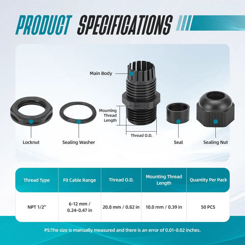 50 Pack Half Inch NPT Cable Glands IP68 Waterproof Nylon Strain Relief Cord Grips Connectors With Gaskets And Locknut Built Tough Weatherproof Wire Grommets For Electrical Industrial Wiring Black, exploded parts and size chart