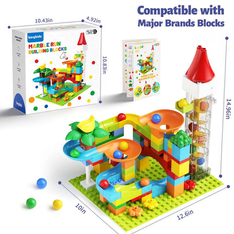 Colorful Motorized Marble Run Elevator Kit With Perpetual Motion Machine playset, measuring 12.6x10x14.96 inches.