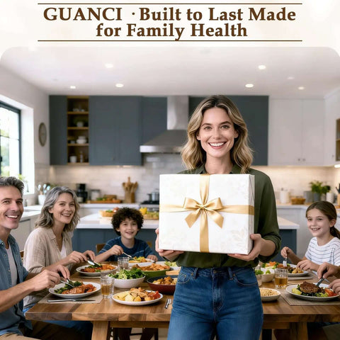 Family gathering at a dining table with a woman holding a gift box, kitchen in the background, promoting Guanci for family health.