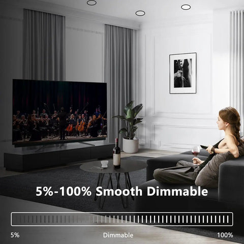 Living room with Black Recessed Canless 4 Inch Wafer Pot Lighting, dimmable from 5% to 100%, showcasing ambiance lighting.
